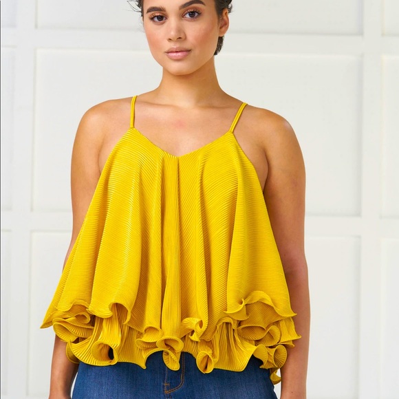 RUFFLED HEM SATIN TOP - MUSTARD - Picture 1 of 4